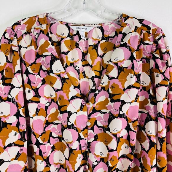 Nine West pink white floral button peplum office preppy top large - Picture 2 of 7